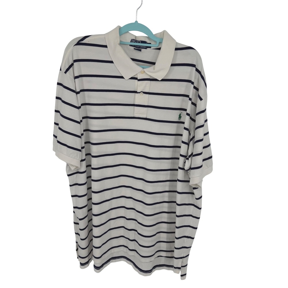 Polo Ralph Lauren Mens Big Tall Striped Short Sleeve Polo Shirt 4XB White‎ Navy
